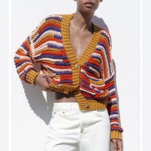 Zara Women's Crochet Multicolor Striped Open Knit Cardigan Size S-M